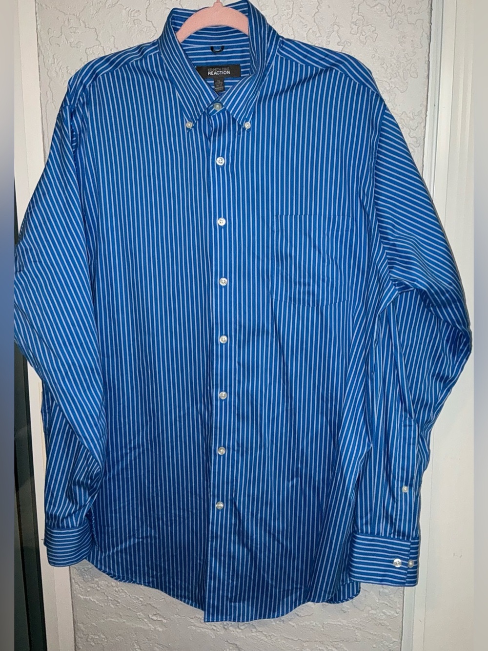 Kenneth Cole Reaction Regular Fit Blue and White Vertical Stripe Dress Shirt - Picture 4 of 9